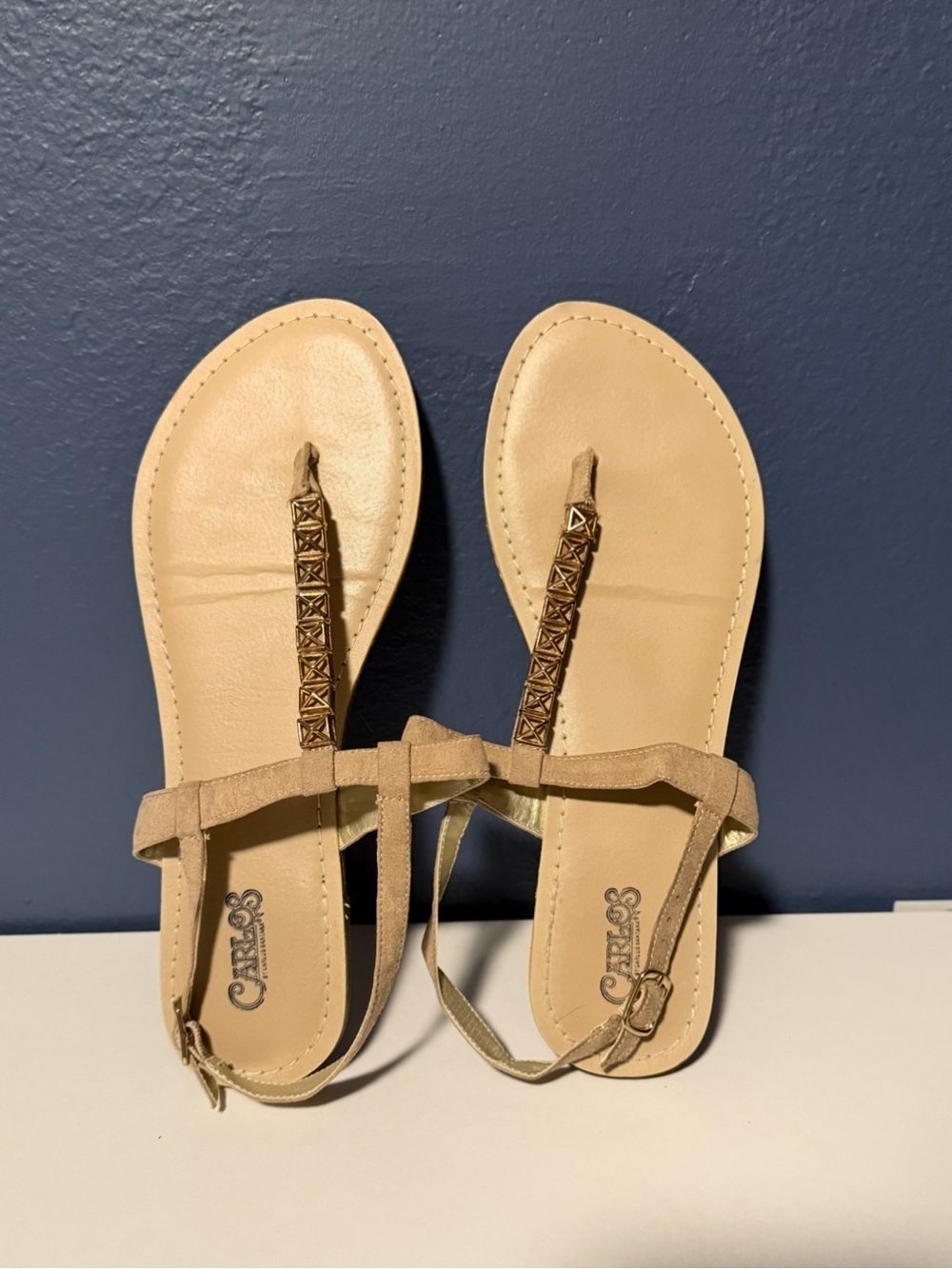 Carlos by Carlos Santana Studded T-Strap Flat Sandals Beige Tan Size 10